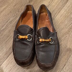 Vintage Gucci Dark Brown Leather Loafers with Bamboo Detail